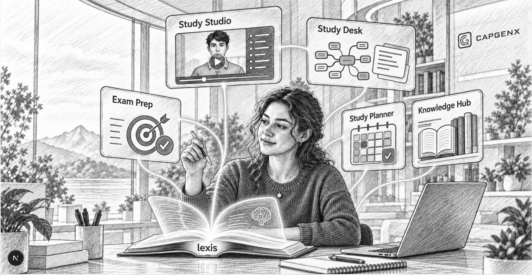 Pencil sketch of the Lexis adaptive AI tutoring and curriculum workspace